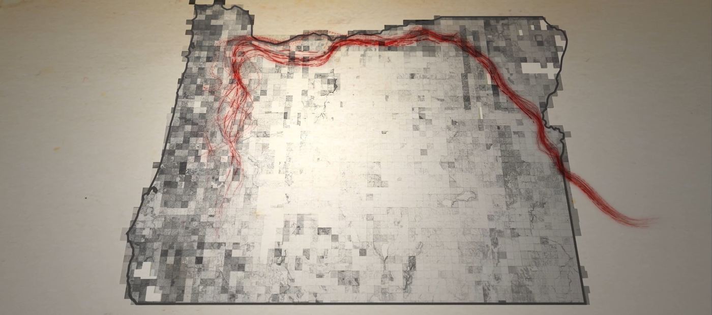 GIS relief map tracing the route to Oregon