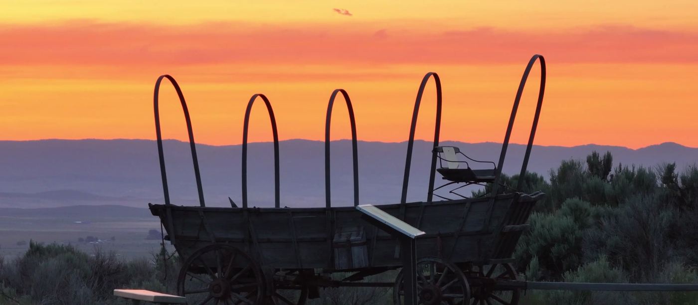 Wagons at sunset, from the orientation film
