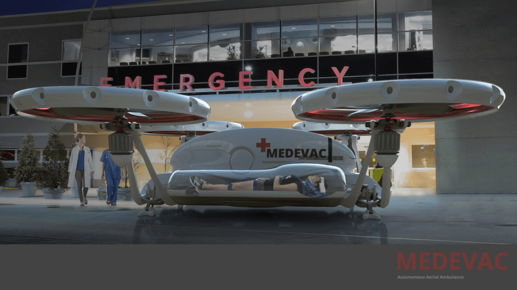 UAM (Urban Air Mobility) medivac flying ambulance concept rendering for NASA